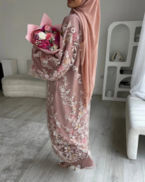 Abaya de luxe sur mesure en deux pièces 2025, vente en gros, dentelle, fleurs, perles, modeste, Eid, Ramadan