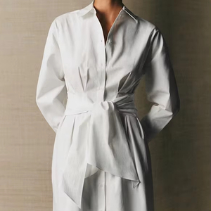 Women's Elegant White Cotton Blend Structured Waist Tie Detail Long Sleeve Button-Down Shirt Dress Midi O - Product Image 4