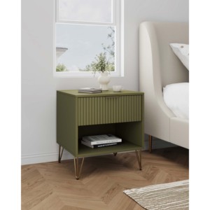 Olive Green Nightstand with Ribbed <b>Drawer</b> and Open Shelf Metal Legs - Product Image 2