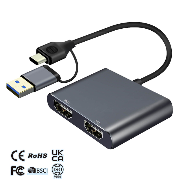 USB C/USB 3.0 to Dual for Display Adapter Multi-Monitor 1x 4K 60Hz & 1x 1080p Aluminum Alloy in Stock for PC Laptop Monitors