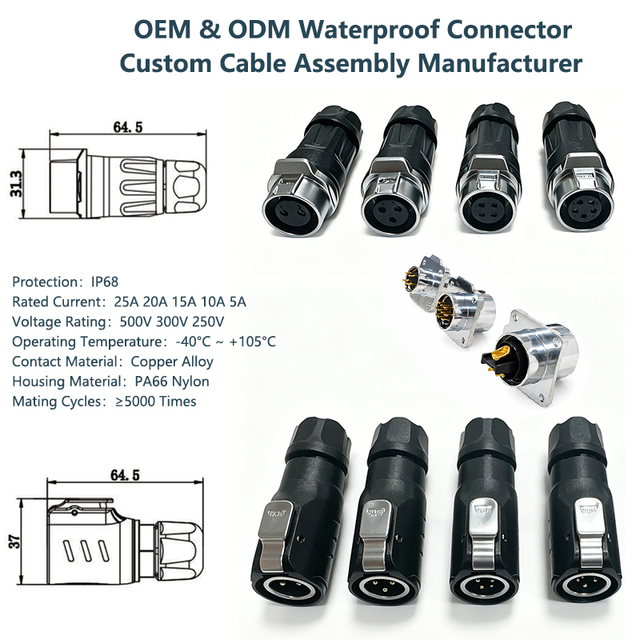 LP24 Powercon Waterproof Power Cable Connector IP68 Push Lock Circular Connector Custom Cable Assembly OEM Manufacturer