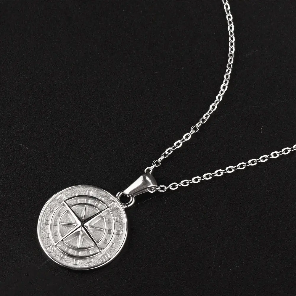 Stainless Steel 18k 14k Gold Plated Silver Compass Pendant Coin Necklace Titanium Chain Jewelry
