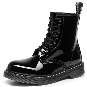 Black Patent Leather Ankle <b>Boots</b> Round Toe Lace-up Flat Heel Anti-Slippery Rubber Outsole All Seasons Solid Color Wholesale - Product Image 4