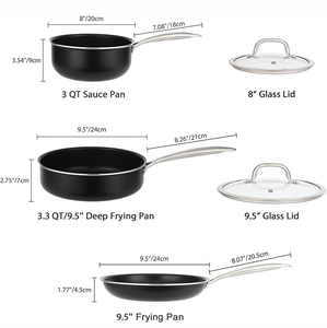 Ensemble de casseroles antiadhésives avec couvercles en verre, poignées en acier inoxydable, 3 pièces, pour cuisinières à gaz et à induction - Product Image 2