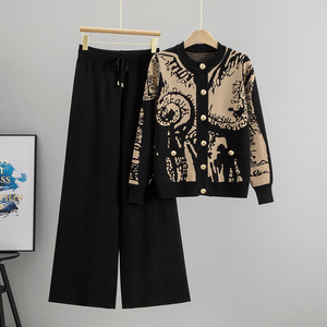 Women's Fall/Winter Printed Metal Buckle Knit <b>Cardigan</b> <b>Sweater</b> Wide-Leg Pants Casual 2-Piece Set Fashion - Product Image 4