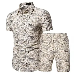 メンズツーピースシャツセット用サマーハワイアンプリント半袖フローラルシャツ