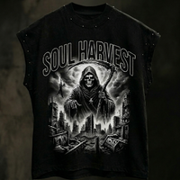 T-shirt sans manches vintage pour homme avec logo personnalisé, imprimé Grim Reaper, style Heavy Metal Gothic Streetwear, avec détails en strass