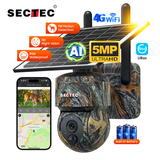 SECTEC 4G SIM Card &WiFi 5MP 4MP HD PIR Solar Powered Outdoor Home Security PTZ IP Farm Surveillance Detection Solar CCTV Camera