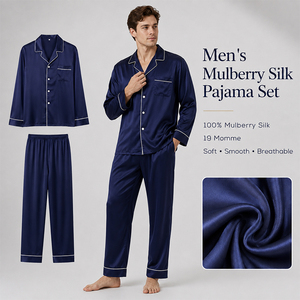 Ensemble pyjama homme 100 % soie de mûrier à manches longues et pantalon, vêtements de nuit et de détente, en stock, logo personnalisé, doux, respirant, qualité supérieure - Product Image 1