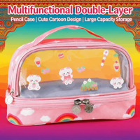 Trousse à crayons transparente double couche, grande capacité, organisateur de papeterie, pochette à stylos à imprimé mignon, sac de rangement pour fournitures scolaires avec fermeture éclair