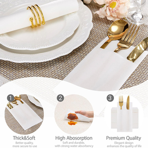 50 serviettes en papier blanc <span class=keywords><strong>pré</strong></span>-pliées effet lin, serviettes jetables aspect tissu avec poche intégrée pour couverts, pour fêtes ou événements - Product Image 6