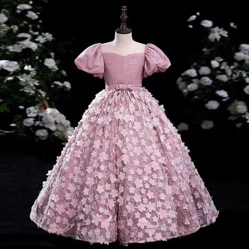 Gaun Princess elegan anak-anak, gaun renda kasual lengan Puff merah muda musim panas untuk anak perempuan