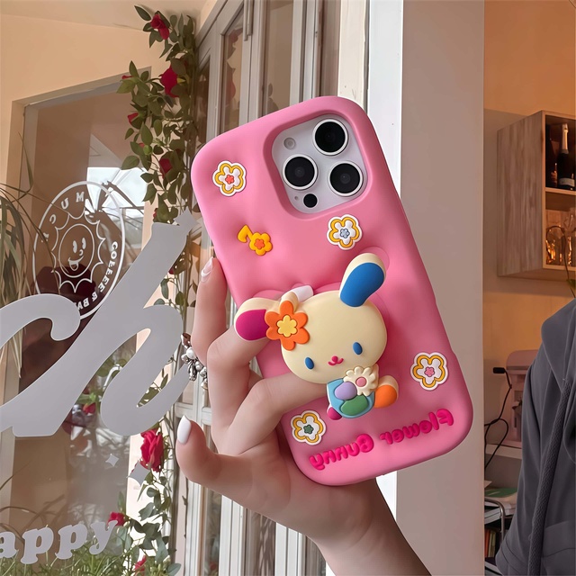 Cute Cartoon Flower Bunny Stand Shockproof Phone Cases for 16 15 14 13 Pro Max Real Silicone
