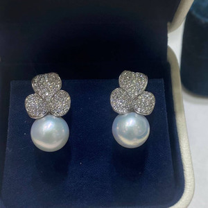 S925 <b>Silver</b> Three Leaf Clover <b>Earrings</b> 11-12mm High Luster Edison Pearl <b>Drop</b> <b>Earrings</b> Near Round Slight Blemish Pearl Jewelry - Product Image 4