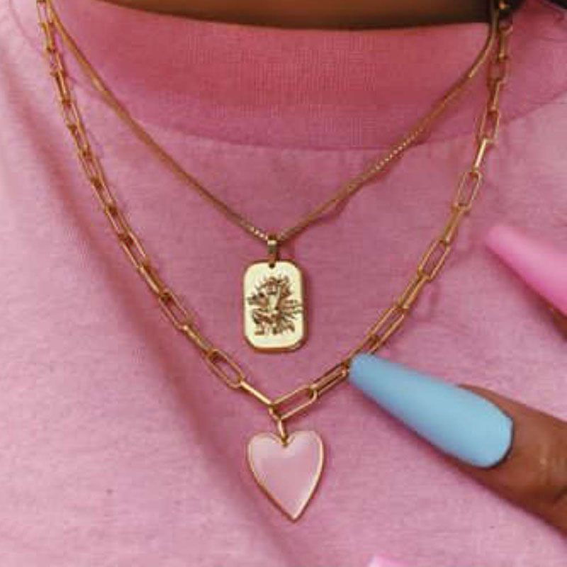 paper clip necklace with pink heart pendant