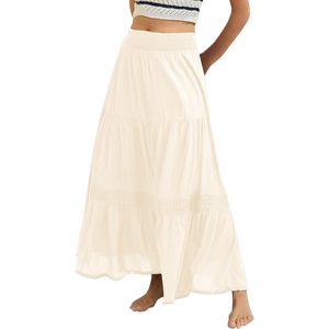 FOXA Women's Boho Tiered A-Line Maxi Skirt High Waist Solid Lace Ankle Length Flowy <b>Swing</b> <b>Summer</b> Beach <b>Dress</b> - Product Image 1