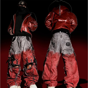 <span class=keywords><strong>Jeans</strong></span> da Uomo DiZNEW di Alta Qualità Personalizzati Pesanti con Tintura Sfumata da Rosso a Nero Multi-Tasca Gamba Larga - Product Image 2