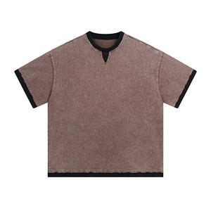 T-shirt ample en coton deux pièces vintage 250GSM Streetwear New Colorblock Layered Wax-Dye Washed - Product Image 1