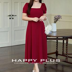 เดรสทรงเอไลน์คอเหลี่ยมสไตล์ฝรั่งเศส สีแดงไวน์ ไซส์พลัส แขนพอง ผ้าทอ เหมาะสำหรับใส่ทำงาน - Product Image 3