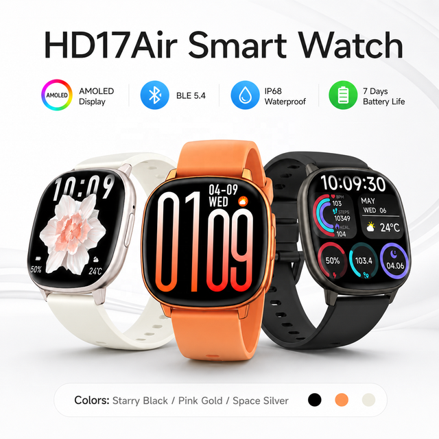 HD17 Air Ultra-thin Silicone Band 1.73" AMOLED Display IP68 Waterproof Unisex Health & Sport Smart Watch with BT Call
