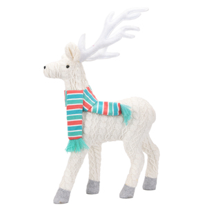 Ivory Cable Knit 20in <b>Reindeer</b> Statue with Aqua Stripe Muffler Nordic Winter Decoration for Holiday Fireplace Styling and Retail - Product Image 1