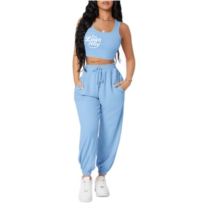 Women's Casual <b>One</b> Set Cropped Short Sleeveless Tank <b>Top</b> and Jogger Pants 2-Piece Workout Outfit - Product Image 1