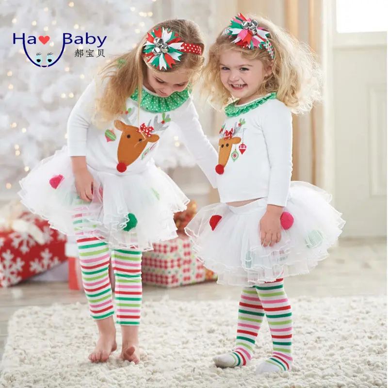 Hao Baby The New Nice Girl Christmas Moose Printed T-shirt And Skirt Suit Stripe Country Girl Dance Dress