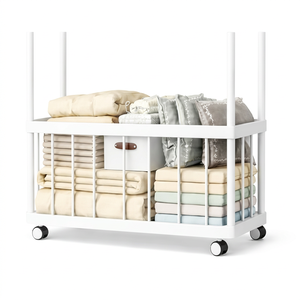 <b>White</b> Double Tier Metal <b>Clothing</b> <b>Rack</b> with Wheels for Children's Room Storage and Toy Organization - Product Image 4