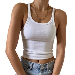 Camiseta sin Mangas de Algodón Blanca Informal para <span class=keywords><strong>Mujer</strong></span>, Top Corto Ajustado de Canalé para Fitness - Product Image 1