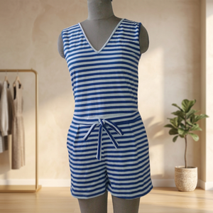 Conjunto de Jersey de Punto a Rayas Azules y Blancas 100% Algodón para Mujer, Top sin Mangas y Pantalones Cortos de Verano, Cuello en V, Secado Rápido y Transpirable - Product Image 3