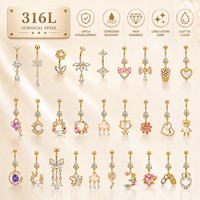 CRYSPURE 14g Piercings de nombril en acier chirurgical doré pour femmes, avec zircon AAA, pendentif cœur et fleur, bijoux de piercing de nombril, vente en gros OEM