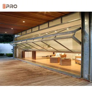 Toldo acordeão para varanda, vidro e alumínio, janela dobrável vertical, luxuosa, desenho gráfico branco APRO