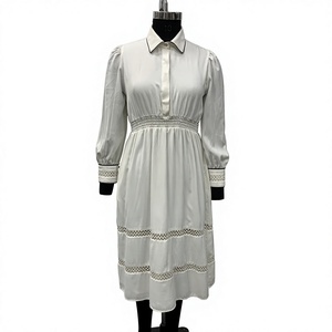 White Satin Midi Dress With <b>Lace</b> Trim Pleated A-Line Long Sleeve Turn-down <b>Collar</b> Casual Daily Wear - Product Image 1