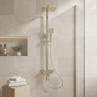 Ensemble de douche doré brossé avec barre coulissante, pommeau de douche carré 3 fonctions, fixation murale, douchette pluie et massage, corps en laiton, robinetterie pour appartement