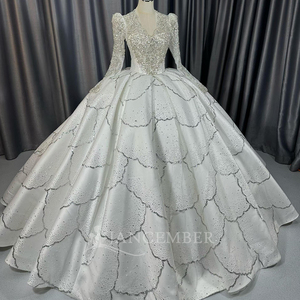 Lscm106 Ivory Deep V Neck Ball Gown <b>Wedding</b> Dress Heavy Beaded Sequin Scalloped Tiered Lace Up Back Gown Jancember - Product Image 3