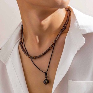 Joyería étnica para hombre, collar de cuentas de madera de cáscara de coco <span class=keywords><strong>Hip</strong></span> <span class=keywords><strong>Hop</strong></span> para hombre, Gargantilla con colgante de bola redonda Vintage, conjunto de collar, joyería - Product Image 2