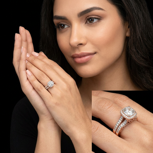 Élégante bague de fiançailles en or rose avec halo de diamants et filigrane, sertie pavé scintillant, idéale pour un cadeau d'anniversaire - Product Image 1