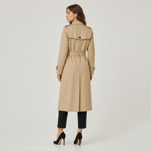 Elegant Women's Beige <b>Trench</b> Coat Long Full Sleeve Notched Collar Belted <b>Waterproof</b> Woven Polyester Cotton Autumn Style - Product Image 1