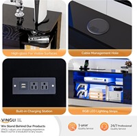 Meuble TV mural flottant noir moderne à finition brillante avec éclairage LED, prises électriques et étagères de rangement pour salon
