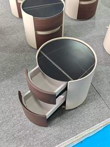 Modern Round <strong>Bedside</strong> <strong>Table</strong> with <strong>Marble</strong> Top and 2 Drawers PU Leather Storage Nightstand for Hotel and Workshop Bedroom Furniture - Product Image 5