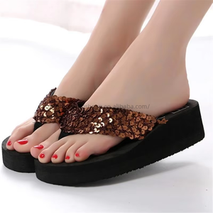 <b>Shoes</b> for Women New Styles Summer New Sequined Thick-soled Beach Wedge Flip-flops Slippers for Women - Product Image 2