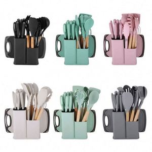 19-Piece Sustainable Silicone <b>Kitchenware</b> Set Wooden Handle Non-Stick Cooking Scoop Multi-Functional Integrated Knife Storage - Product Image 5