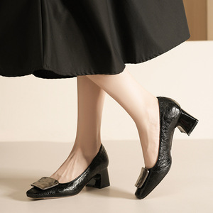 Escarpins à bout carré pour femmes, talon moyen, semelle extérieure en caoutchouc, décoration à boucle, chaussures de bureau, couleur unie, antidérapantes, 5688F-178 - Product Image 4