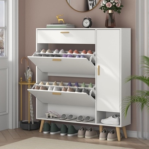 <span class=keywords><strong>Zapatero</strong></span> Moderno de Madera Blanca <span class=keywords><strong>con</strong></span> 3 Cajones Abatibles, Estante Inferior Abierto, <span class=keywords><strong>Estantes</strong></span> Interiores <span class=keywords><strong>con</strong></span> Puerta para Sala de Estar - Product Image 1