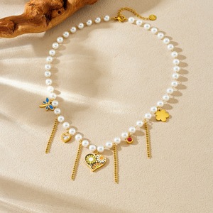 Faux Pearl Tassel Butterfly Heart Flower Pendant Necklace With Beaded Chain Women's Everyday Wear - Product Image 3