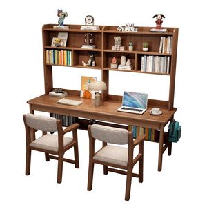 Escritorio Doble de Madera Maciza, Escritorio de <span class=keywords><strong>Estudio</strong></span> y Computadora Alargado con Estantería Integrada, Diseño Clásico Francés Tallado Moderno para Primaria - Product Image 5