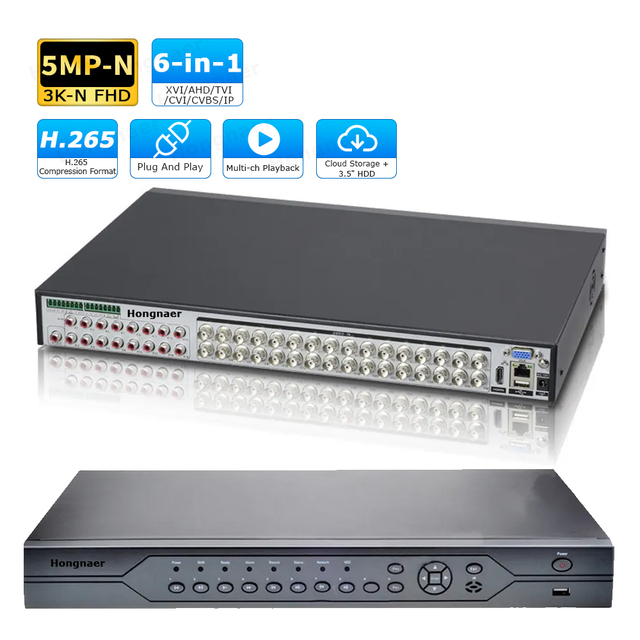 Hongnaer 5MP-N 2SATA 4SATA H.265 6 in 1 XVI/AHD/TVI/CVI/CVBS/IP DVR XMEye Pro ICSee 32 Channel Analog DVR Digital Video Recorder