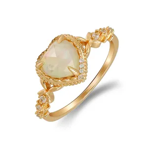 925 Sterling Silver 14K Gold Plated Gemstone Retro Cz Zircon Colored Shell White Crystal Heart Ring