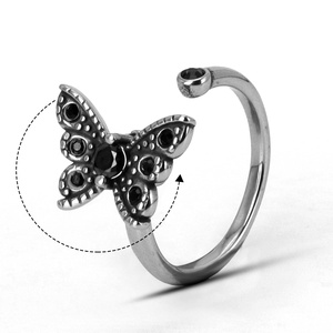 316LStainless Steel Fidget <b>Rings</b> Butterfly Design Multi Black Gemstone Inlay Retro Texture <b>Open</b> Adjustable Jewelry for Men Women - Product Image 1