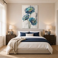 Art mural floral bleu impasto, impression sur toile de pivoine cyan marine, peinture à l'huile abstraite de trois fleurs, décor moderne texturé